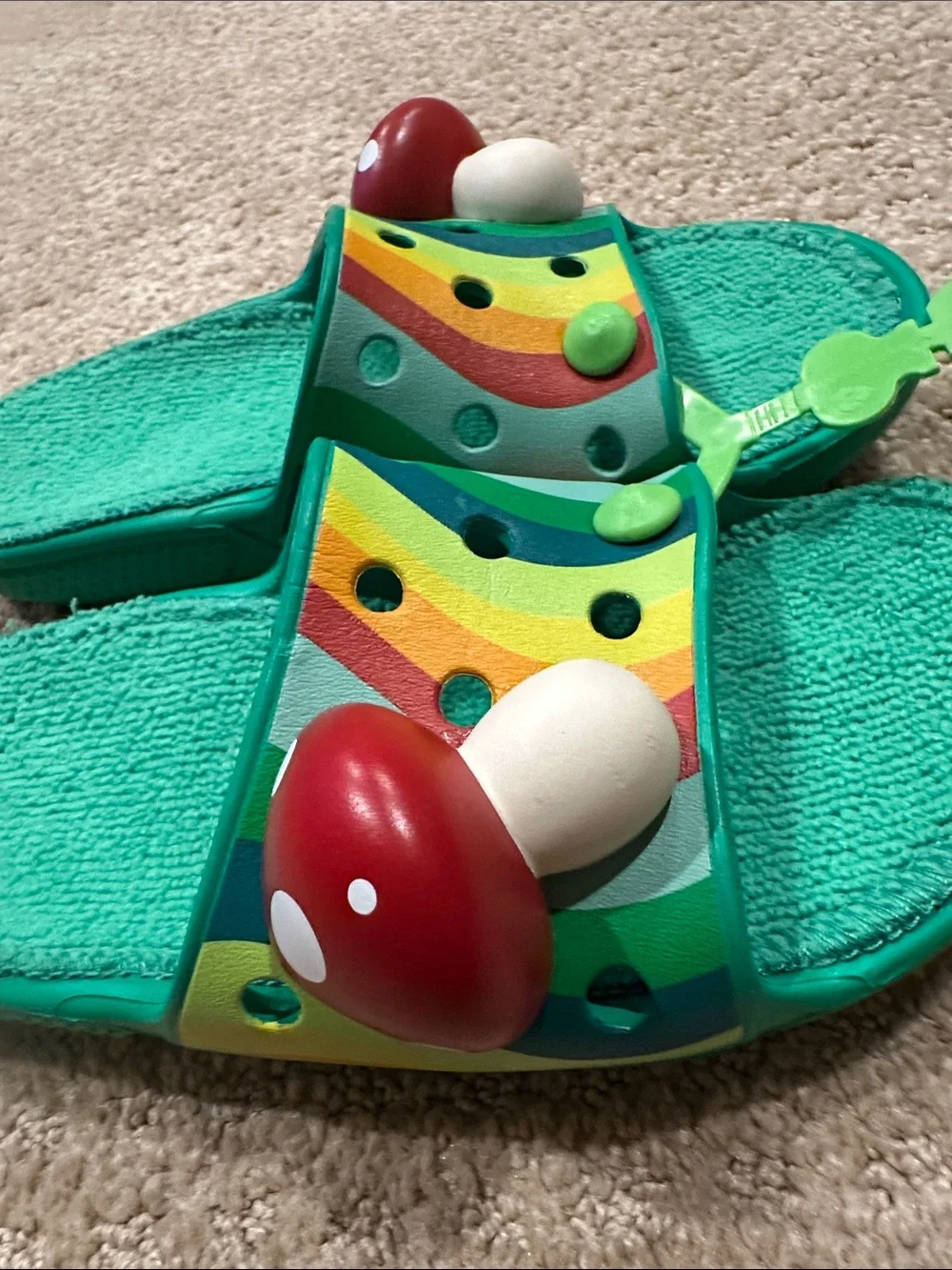 CROCS Teal Slide Sandals with Rainbow Straps and Red Mushroom Charms - Picture 5 of 6